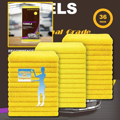 Yellow Microfiber Cleaning Towels, 36-Pack Dual-Sided Ultra Soft Plush Washcloth, Professional Grade Premium Microfiber Detailing Cleaning Cloths, Car, Household and Commercial (Yellow, 16" x 16") - color: Yellow