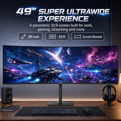 Deco Gear 49 Inch Curved Monitor, 3840x1080 Ultrawide Gaming WDFHD Screen, 144Hz, 32:9, 3ms, 3000:1 VA Display, HDR400, Adaptive Sync, USB-C 65W, HDMI, PIP/PBP, KVM, 1800R, Office & Workstation Setup - size: 49 inch