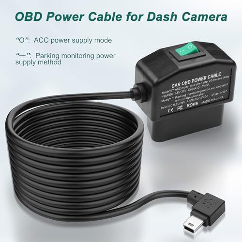 MEIRIYFA OBD OBD2 Power Cable for Dash Camera OBD to Mini USB Right Angle Hardwire Charger 90° Degree Wire Cord,12V-24V to 5V 3A 24 Hours Surveillance/Acc Mode with Switch Button (Mini USB) - style: Mini USB