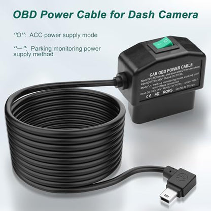 MEIRIYFA OBD OBD2 Power Cable for Dash Camera OBD to Mini USB Right Angle Hardwire Charger 90° Degree Wire Cord,12V-24V to 5V 3A 24 Hours Surveillance/Acc Mode with Switch Button (Mini USB) - style: Mini USB