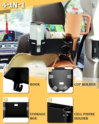 Car Headrest Backseat Cup Holder 3.7", Seat Back Organizer with Hooks - color: PINK+BLACK, size: 1 Pack