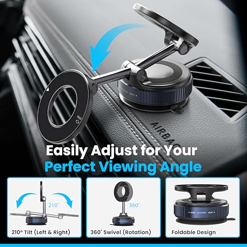 Ryvlan Carmount Vacuum Magnetic Phone Mount for Car– Magsafe Suction iPhone Stand, Content Creator Phone Holder & Car Mount, iPhone Holder for Dashboard & Windshield, Suction Cup Samsung Stand - style: Sleek Black
