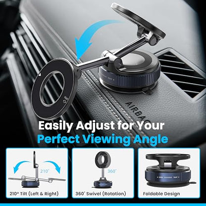 Ryvlan Carmount Vacuum Magnetic Phone Mount for Car– Magsafe Suction iPhone Stand, Content Creator Phone Holder & Car Mount, iPhone Holder for Dashboard & Windshield, Suction Cup Samsung Stand - style: Sleek Black