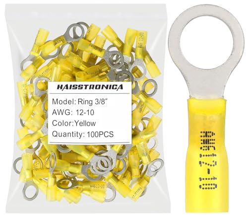 haisstronica 100PCS Heat Shrink Ring Terminals, 12-10 AWG, 3/8 in, Yellow - color: Yellow, size: Ring 3/8"