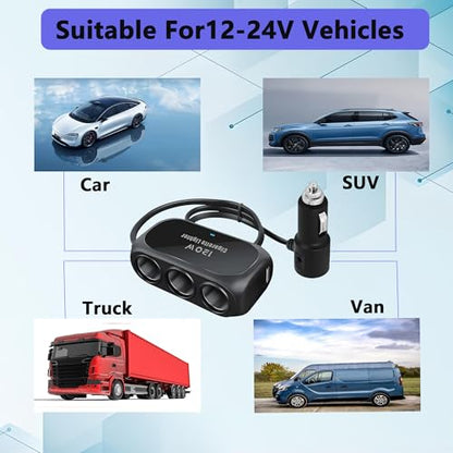 120W 3 Socket Car Cigarette Lighter Adapter,3 Socket Splitter with 2 USB Ports,12V/24V Universal Multi-Port Car Charger with 6-Layer Safety & LED Indicator for Dash Cam GPS Phone Truck SUV
