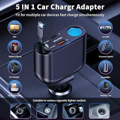 OHLPRO Retractable Car Charger Cigarette Lighter Adapter, 168W 5 in 1 Fast Phone Charging Built-in Replaceable Fuse, Socket Splitter with USB C and USB i Cord, Fit for Phone iPad Galaxy GPS, Black - size: USB-C+USB-i