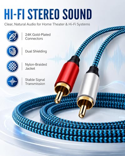 RCA Cable 5ft/1.5M 2RCA Male to 2RCA Male Stereo Audio Cable Nylon-Braided Auxiliary Audio Cord for Home Theater HDTV Amplifiers Hi-Fi Systems Speakers and etc