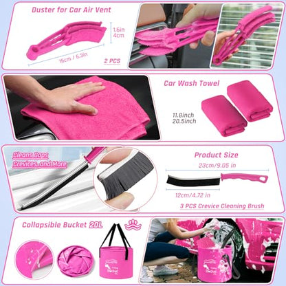 47PCS Car Detailing Kit Interior Cleaner, Car Cleaning Supplies with High Power Car Vacuum Cleaner,Auto Detailing Kit,Car Wash Kit with Bucket Detailing Brush Set,Pink Car Accessories for Women - color: 47PCS
