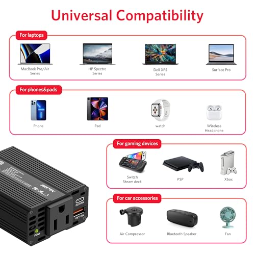 BESTEK Power Inverter DC 12V to AC 110V - 200W Car Plug Adapter Outlet PD 30W USB-C & QC18W USB-A Fast Charging Port - Car Charger Cigarette Lighter Adapter for Phone, Laptop - ETL FCC Certified - color: Matt Black