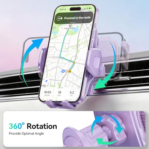 Car Vent Phone Holder [Thick Cases Friendly] Rotatable Universal Phone Mount for Car with Metal Hook & Wide Clamp, Purple Car Phone Holder Mount Compatible with iPhone 17 Pro Max 15 14 13 Samsung S25 - color: Lavender