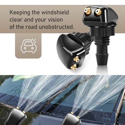 2 PCS Car Double Hole Straight Column Front Windshield Water Spray Nozzle, 1.14" x 0.71" Adjustable Powerful Jet Wiper Cleaning Nozzle, 0.31" Connector with Plastic Nut, for Cars (Black)