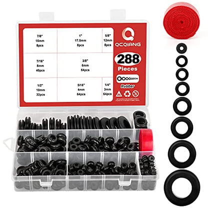 288Pcs Rubber Grommet Kit, O Ring Washer Eyelet Ring Gasket Plugs Wire Protection with Cable Sticky Tape, 8 Sizes 1/4" 5/16" 3/8" 7/16" 1/2" 5/8" 7/8" 1" (Black) - size: O Eyelet Ring Rubber Grommet Kit