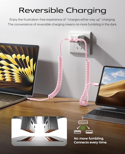 USB C Cable 90 Degree, 2Pack 6FT Coiled USB A to USB C Cable for Car-Pink - color: Pink, size: 6FT