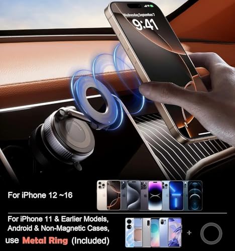 Magnetic Car Phone Holder Vacuum Adsorption Suitable for iPhone and Android Phones 360° Adjustable Suction Cup Bracket for Automobiles[98+LBS Strongest Suction & 2800gf Magnetic]