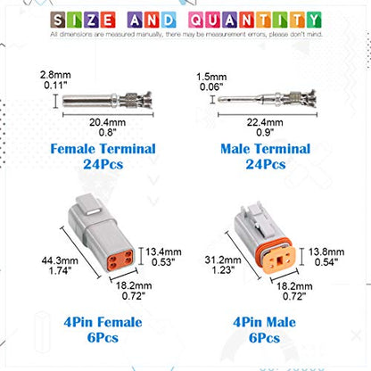 Glarks 54Pcs 4 Pin Way Sealed Gray Male and Female Auto Waterproof Electrical Wire Connector Plug 22-16AWG Connector for Motorcycle, Scooter, Car, Truck, Boats - size: 4 Pin