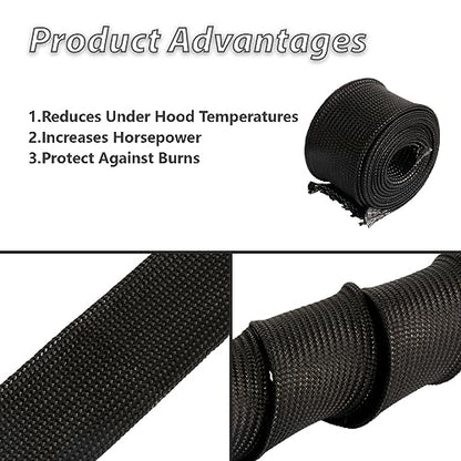 Fiberglass Heat Shield Sleeve Adjustable Hose Heat Spark Plug Wire High Temp(5 Feet-0.75''Inch/20MM) For Exhaust Insulation Thermal Wrap Roll Car Brake Line Cable Protection Tape Black - size: 3/4''X 5'