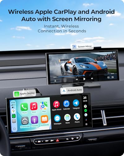 10.26" Wireless Portable 60FPS CarPlay Screen with 4K Front & HD Rear Dual Dash Cam for Apple Car Play & Android Auto 1920*720 Fully Laminated Tablet with Mirror Link, Bluetooth, GPS Navigation