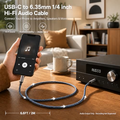 USB C to 1/4 inch TRS Stereo Audio Cable 3.3FT, Built-in DAC Chip Compatible with Android & iPhone 15/16/17, Samsung Galaxy S24, iPad Pro, MacBook for Amplifier, Mixer, Speaker (Audio Output Only)