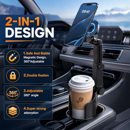 Car Cup Holder Phone Mount,Any car Model 360°Adjustable N52 Magnetic Stand,one-Handed Operation,Suitable for All Smartphones (Black,1Pcs)