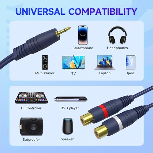 RCA to AUX Adapter, 3.5mm to RCA Y Cable 1 Male to 2 Female Jack Stereo Y Adapter Auxiliary Cord for Subwoofer, Speaker, AMP, Turntable, Receiver, Home Theater(3.5mm Audio Cable, 2Pack) - size: 3.5 Male to 2 Female