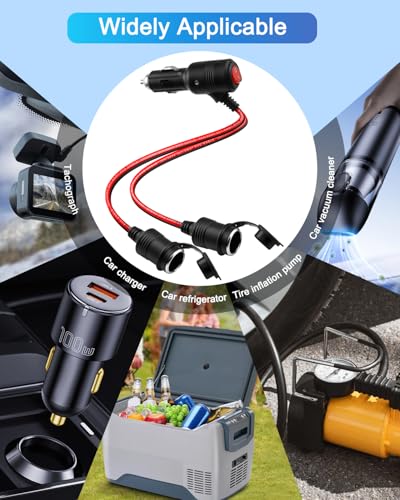 12V 24V Cigarette Lighter Splitter,1 to 2 Car Cigarette Lighter Cable, Dual Socket with ON/Off Switch, 18AWG 15A Power Extension Cable for Car Refrigerator, Tire Inflator Etc-15cm/5.9in