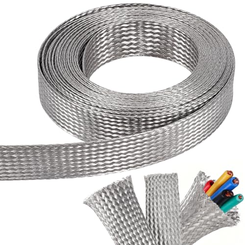 NBEADS 16.4ft 304 Stainless Steel Braided Cable Sleeve, 0.98 Inch Wide Stainless Steel Color Flat Tinned Braided Ground Wire Mesh, Flexible Shielding Sleeve for Cables - size: 16.4ft X 0.98 Inch
