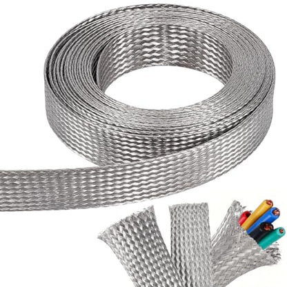 NBEADS 16.4ft 304 Stainless Steel Braided Cable Sleeve, 0.98 Inch Wide Stainless Steel Color Flat Tinned Braided Ground Wire Mesh, Flexible Shielding Sleeve for Cables - size: 16.4ft X 0.98 Inch