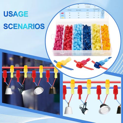 Lenporl 120 Pcs/60 Pairs T-Tap Wire Connectors, Insulated Male Wire Tap Connectors, Self-Stripping Quick Splice Electrical Terminals for 22-10 AWG Gauge Wiring，Automotive Wiring