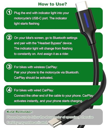 2-in-1 Bypass Motorcycle CarPlay Bluetooth Headset Cable - color: Black, size: 1.64ft