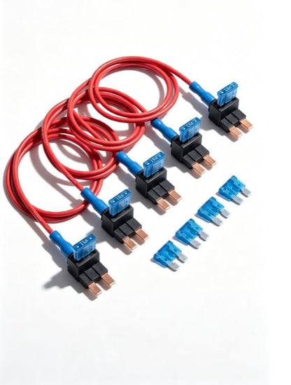5 PCS Add-a-Circuit Fuse Tap Adapter, Mini APM Blade Fuse Holder, Automotive Replacement Inline Fuse Extender Jumper Wire Kit, for Car Truck Boat RV Dash Cam Radar Detector (Red)