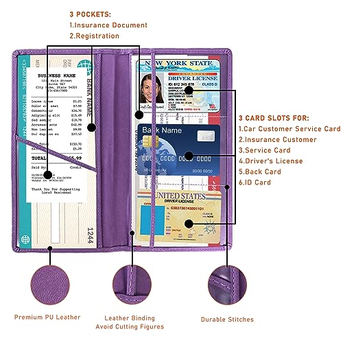 Kewucn Car Registration and Insurance Card Holder, Leather Auto License Document Glove Box Compartment Organizer, Essentials Vehicle Wallet Case for Driver License, ID Card (Purple) - color: Large-Purple