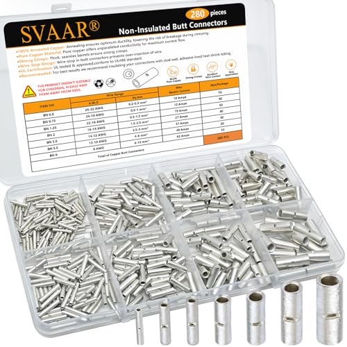 SVAAR 280 PCS Non‑Insulated Butt Splices Kit, 26‑8 AWG Tinned Copper Seamless Barrel Crimp Butt Connectors, Uninsulated Wire Repair Splice Terminals for 26‑8 Gauge Wire - color: Non-Insulated Splice - Tinned Copper