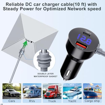 Starlink Mini Car Charger & Power Adapter, 3-in-1 Starlink Mini Cable 10FT with Digital Display & 12V-48V Cigarette Lighter Plug for Trucks, Cars, RVs - USB-C PD 40W & USB-A 35W Ports+Extension Cable