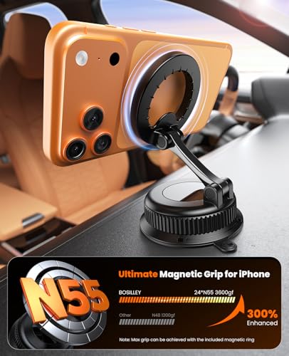 Magnetic Car Phone Holder for Dashboard, MagSafe Car Mount, Nano Gel Suction Car Phone Mount, Foldable Automotive Dashboard Phone Holder, 360° Rotatable for iPhone 17 16 15 14 13 12 Series - color: Black