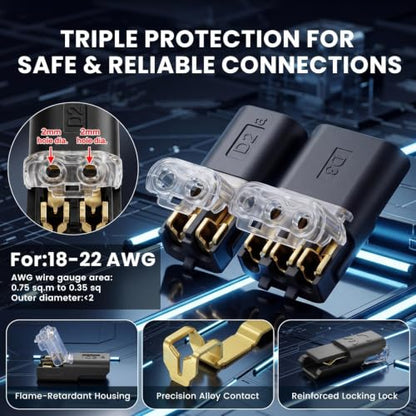 60Pcs Quick Connect Wire Connectors Kit, 50x 2-Pin & 10x 3-Pin Double Wire Plug in Connectors with Locking Buckle, Wire Connectors Push-in for LED Strip Lights, Automotive (Storage Box)