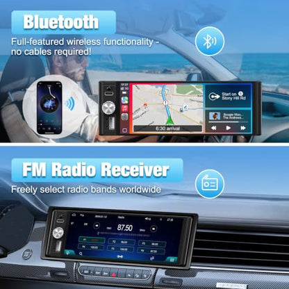 Single Din Radio Car Stereo with CarPlay & Android Auto, 6.28 Inch HD Touch CarPlay Screen, Backup Cam,Bluetooth, MP5,USB Type-C, SWC, EQ, FM Radio with External Mic
