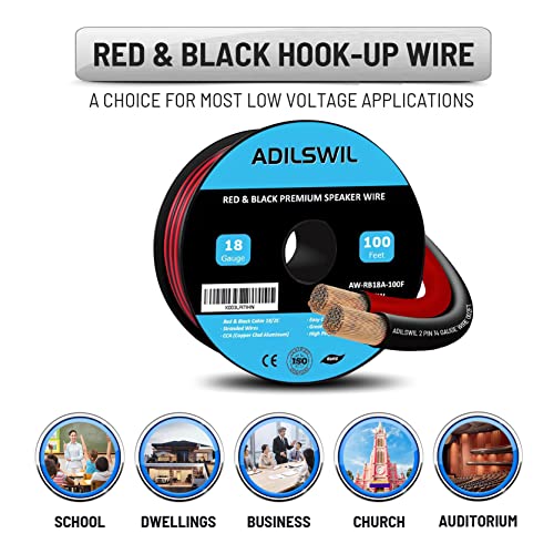 18AWG 100FT Speaker Wire, 2 Conductors Electrical Red Black Cable Hookup LED Lighting Strips Flexible Wire Extension Cord 18 Gauge Copper Clad Aluminum Copper Wire 12V/24V DC Cable - size: 18AWG 100FT CCA