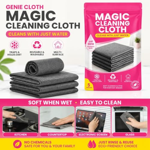 Genie Cloth Magic Cloth, Thick Microfiber, Streak‑Free for Windows & Glass, 5-pack for mirrors, Glass, Window, Kitchen, Stainless Steel, Cars & Screens Lint Free Microfiber Cleaning Cloths