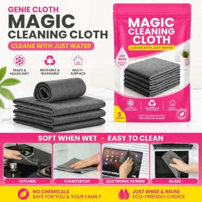 Genie Cloth Magic Cloth, Thick Microfiber, Streak‑Free for Windows & Glass, 5-pack for mirrors, Glass, Window, Kitchen, Stainless Steel, Cars & Screens Lint Free Microfiber Cleaning Cloths