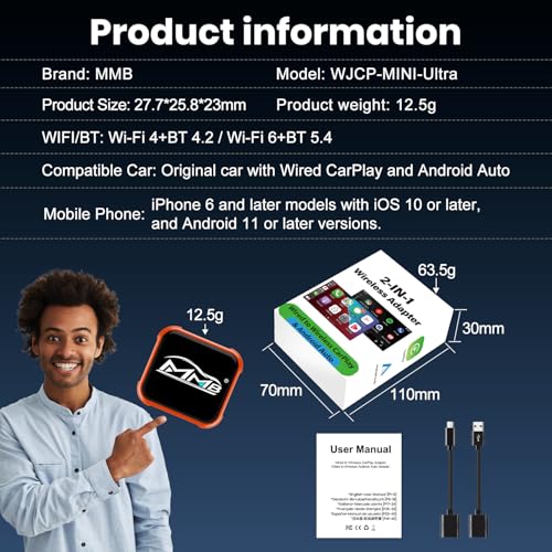 MMB Wireless CarPlay Adapter for iPhone＆Android Auto, Fast Auto-Connect, WiFi 6, Bluetooth 5.4, Convert Wired to Wireless, No Delay, USB-C/USB-A/Extension Cable, Compatible with iOS10+/Android 11+ - color: Ultra Orange
