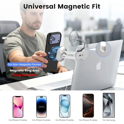 Magnetic Laptop Phone Mount with 15W Fast Wireless Charger, Compatible for iPhone 12-17 Series & All Phones, Adjustable Laptop Phone Holder for Tesla Model 3/Y/S/X Desktop Screen Stand - color: Sliver