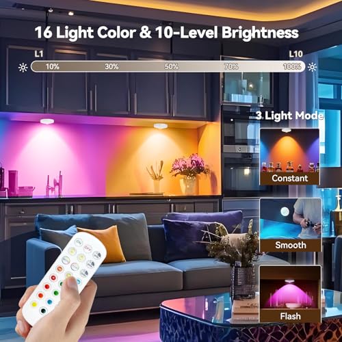 Rechargeable Puck Lights with Remote, 3 Pack Magnetic Under Cabinet Lighting, 1500mAh Battery Operated LED Tap Lights with Dimmer & Timmer for Kitchen, Closet, Shelf - 3 Color Temps & 12 RGB, White - color: White