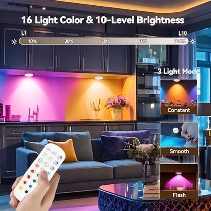 Rechargeable Puck Lights with Remote, 3 Pack Magnetic Under Cabinet Lighting, 1500mAh Battery Operated LED Tap Lights with Dimmer & Timmer for Kitchen, Closet, Shelf - 3 Color Temps & 12 RGB, White - color: White