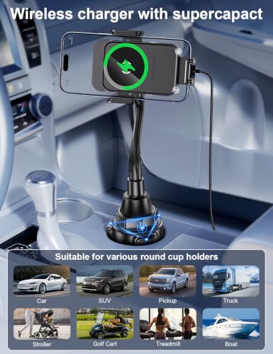 Cup Holder Phone Holder, 15W Wireless Car Charger Holder Fast Charging - color: Black