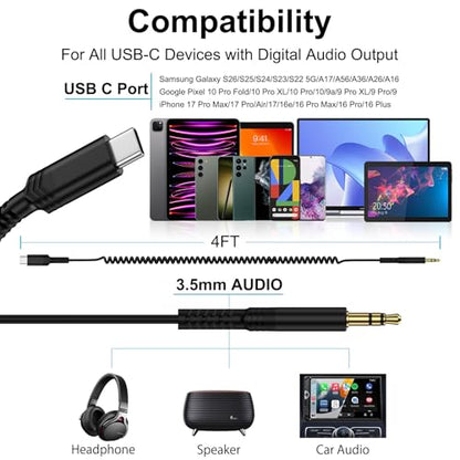 USB C to 3.5mm Aux Headphone Coiled Cable, Retractable Audio Jack Car Cord - color: Black-3