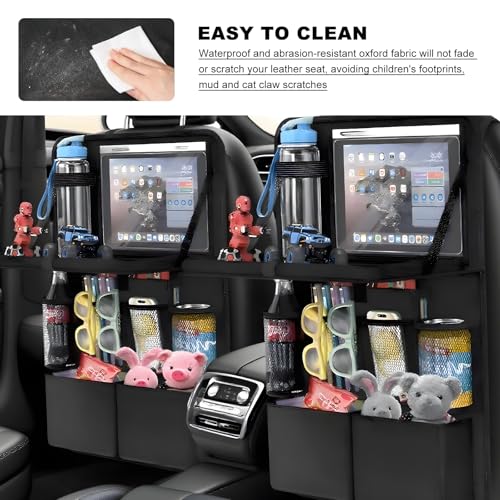2 PCS Car Backseat Organizer with Tray, Waterproof Back Seat Protector with Touch Screen Tablet Holder, 11 Storage Pockets Anti-Scratch Kick Mat Universal for Family Road Trips