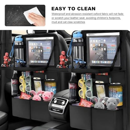 2 PCS Car Backseat Organizer with Tray, Waterproof Back Seat Protector with Touch Screen Tablet Holder, 11 Storage Pockets Anti-Scratch Kick Mat Universal for Family Road Trips