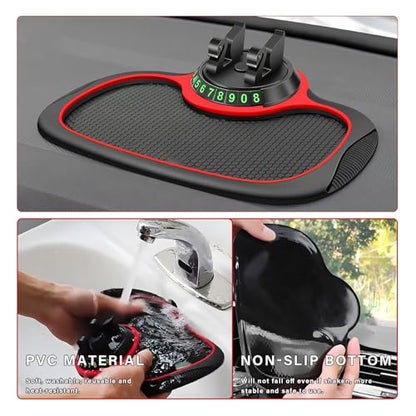 Car Anti-Slip Mat, Multifunction Dashboard Mat Rotatable Phone Mount with Temporary Parking Number, Universal Large Anti Skid Pad Dash Organizer for Cellphones Keys Gadgets