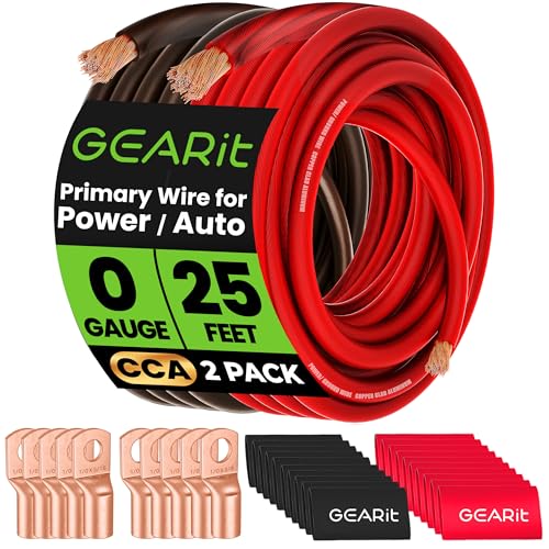GEARit 0 Gauge Wire Kit, Amp Battery Power Cable, Black/Red 25FT Lug Kit - color: Black/Red, size: 25ft Each (Lugs and Shrink Wrap)