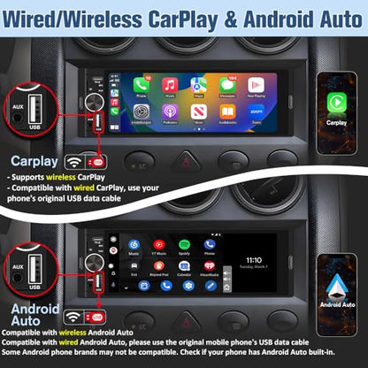 Universal Single Din Car Stereo with Wireless CarPlay & Android Auto, 6.36 Inch IPS Touch Screen Head Unit with Backup Camera/External Microphone, Car Radio Supports Bluetooth/SWC/FM/USB/TF